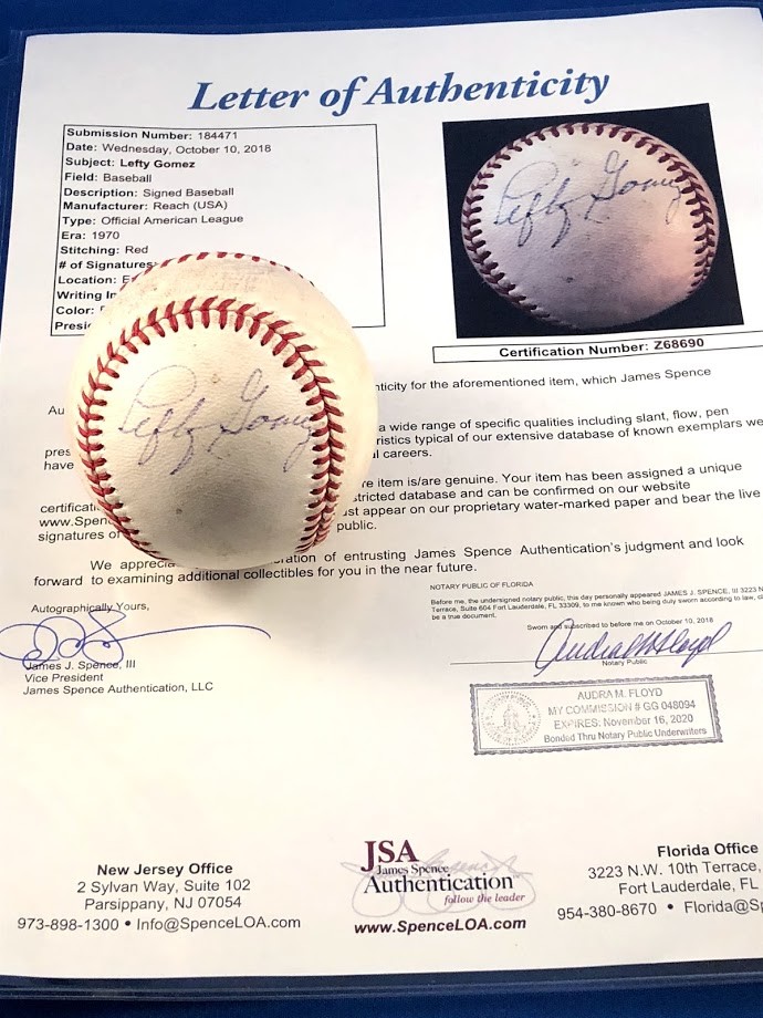 Lefty Gomez Signed American League Baseball JSA COA NY Yankees HOF Auto