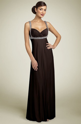 JS Boutique Pearl Trim Crisscross Matte Jersey Gown Sz 4 Chocolate