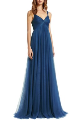 

NWD MONIQUE LHUILLIER Платье из тюля Lapis Blue с закрученной передней частью и ампирной талией, с V-образным вырезом, Синий