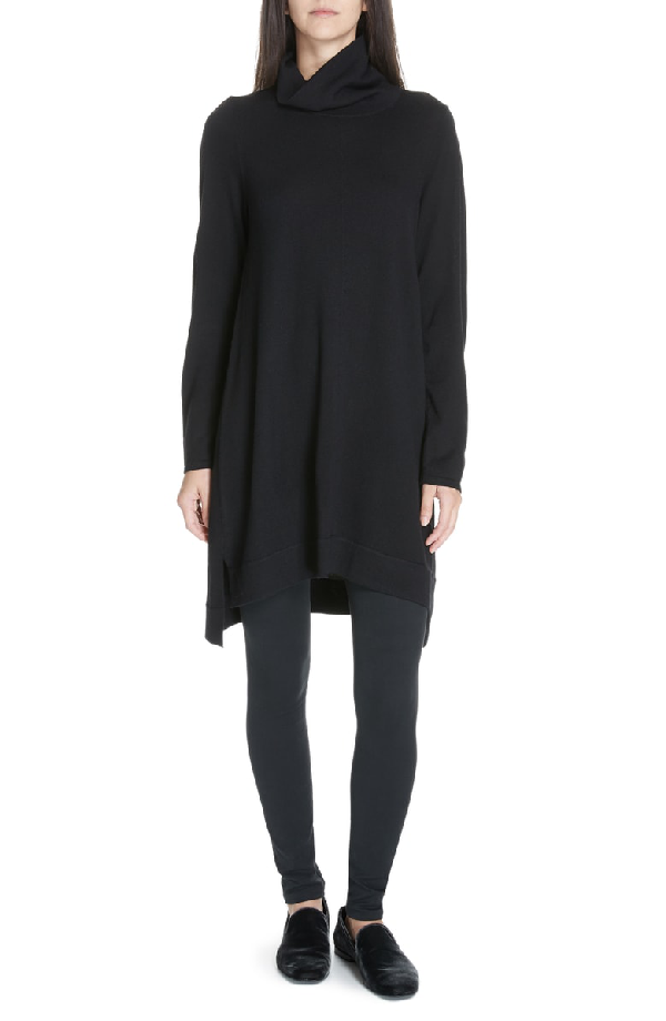 

НОВИНКА EILEEN FISHER Черное шерстяное вязаное платье с высоким/низким воротником и драпировкой, БОЛЬШОЙ ~ 14/16, Черный