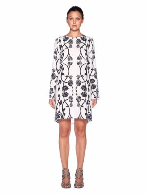 $200 Bec Bridge Black White Floral Eros Long Sleeve Chiffon Dress 4 NEW B692