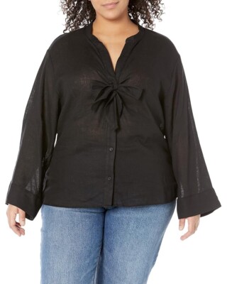MICHAEL KORS Top Blouse Black Linen Long Sleeve Tie Bow V Neck Plus Size 1X NEW