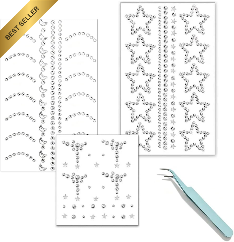 3Pcs Self-Adhesive Face Gems Set, Mixed Rhinestones Pearls, Glitter Stickers, DI