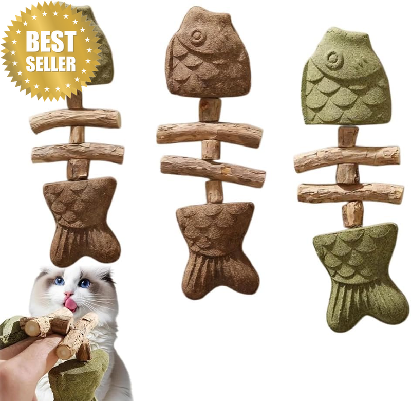 3 Pcs Mixed Flavors Fish Bone Catnip & Silvervine Chew Sticks, Natural Dental Te