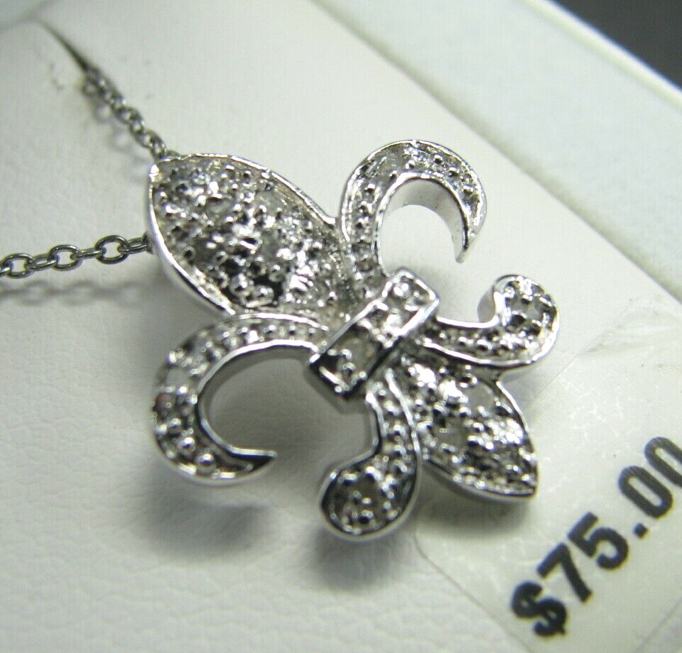 New/Box STERLING SILVER Diamond Pave Style FLEUR-DE-LIS NECKLACE Pendant 1/10CTW