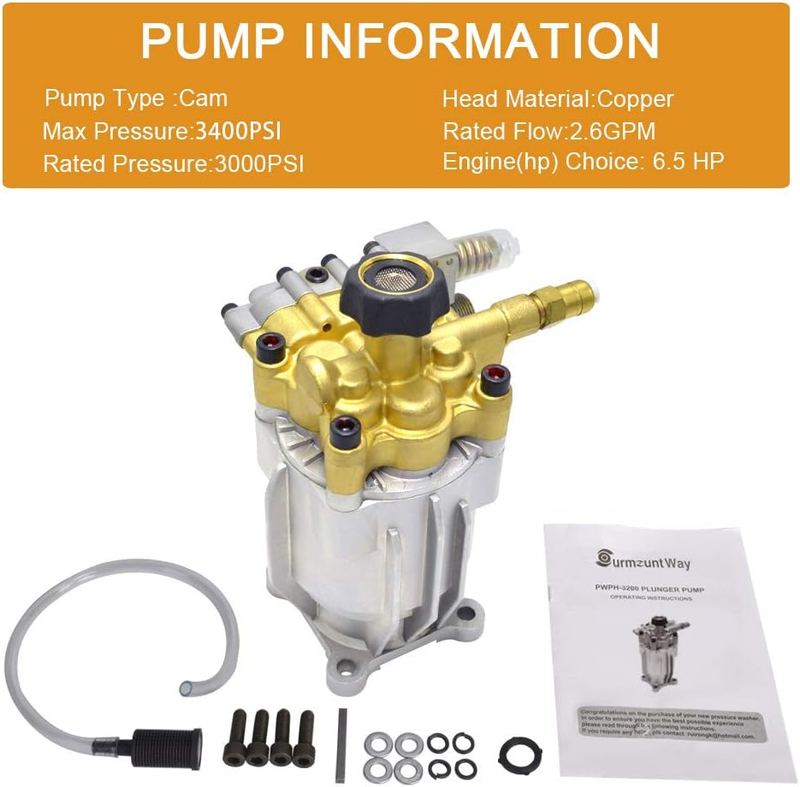 Horizontal 3/4" Shaft Pressure Washer Pump, MAX 3400 PSI 2.5 GPM Replacement Pow