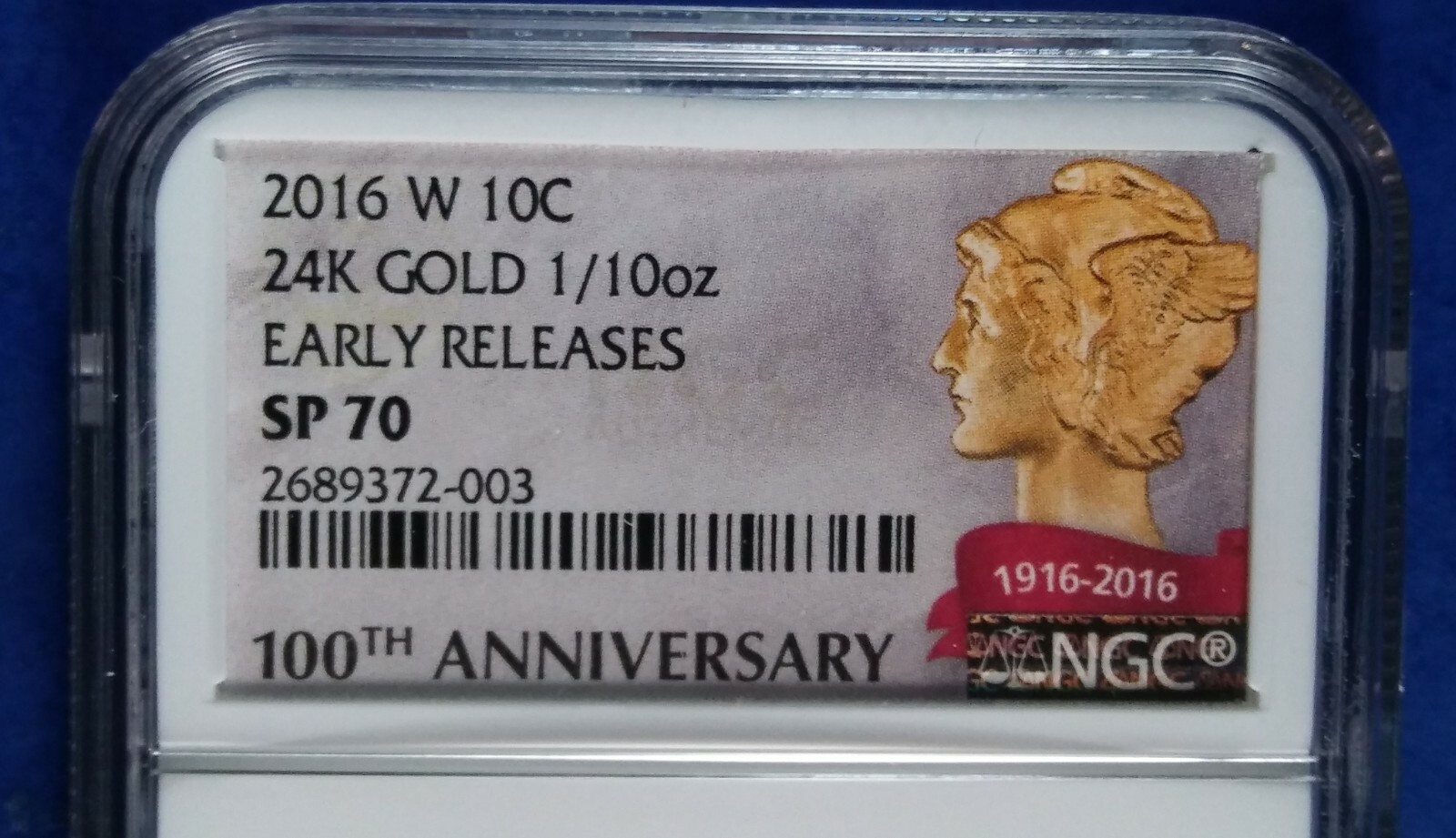 2016 W Gold Mercury Dime 1/10 oz NGC SP70 Early Releases 100th Anniversary+OGP
