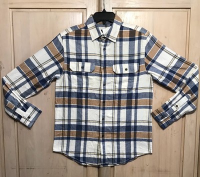 George Men's Long Sleeve Flannel Shirt Size S (34-36) Color Delicate Ivory/Brown