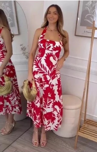 ZARA SS24 WOMAN MIDI PRINTED LINEN BLEND DRESS WHITE RED L