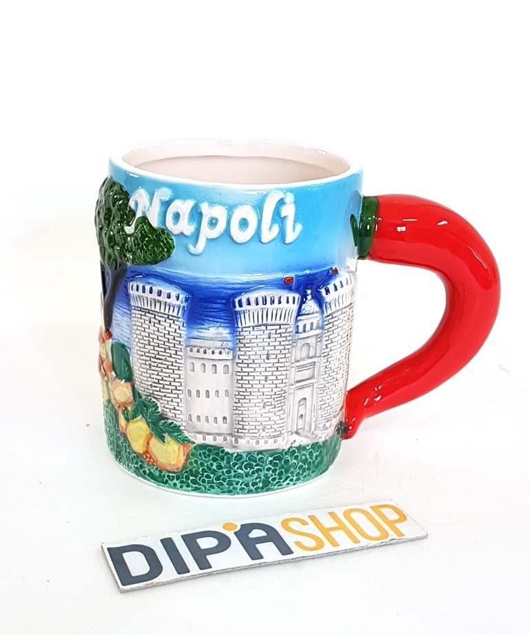 Tazza Latte Caffè Ceramica Decorata Napoli Cornetto Souvenir Portafortuna moc