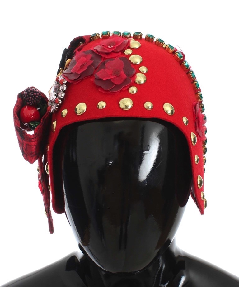 DOLCE & GABBANA RED CRYSTAL GOLD ROSES BROOCH HAT