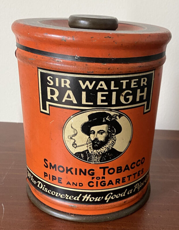 SIR WALTER RALEIGH Vintage Pipe & Cigarette Smoking Tobacco Tin Can Large