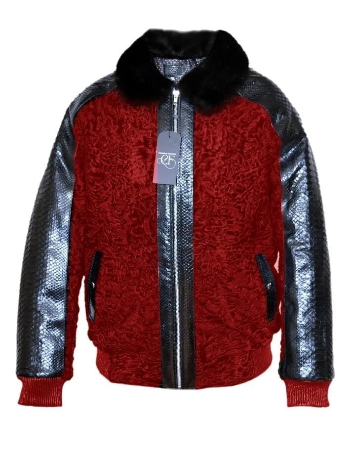Pre-owned Handmade Men's Real Persian Lamb Fur Jacket Black Real Python Trim All Sizes Pre Sale In Red