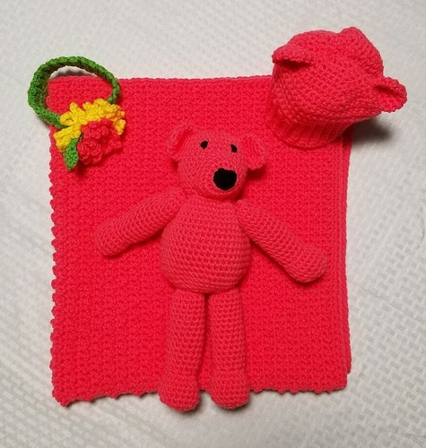 Handmade Crochet Baby Blanket/Hat/Headband/ Bear. Newborn Girl Gift Set. Present