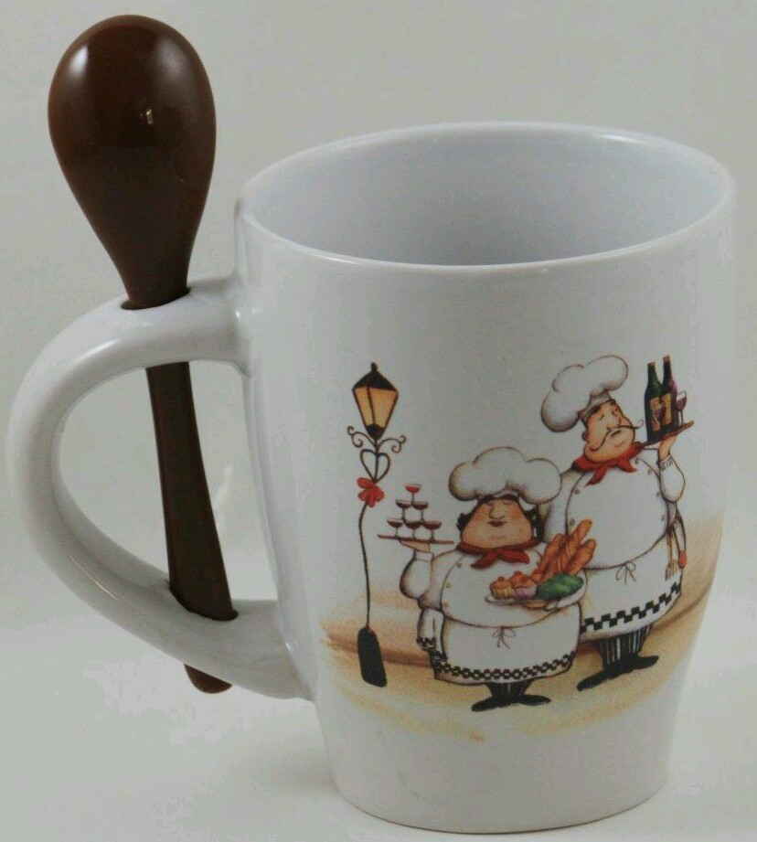 5 pc Fat Chef CUP & TOWEL SET 2 towels, 1 Pot holder, 2 COFFEE CUPs WITH SPOON