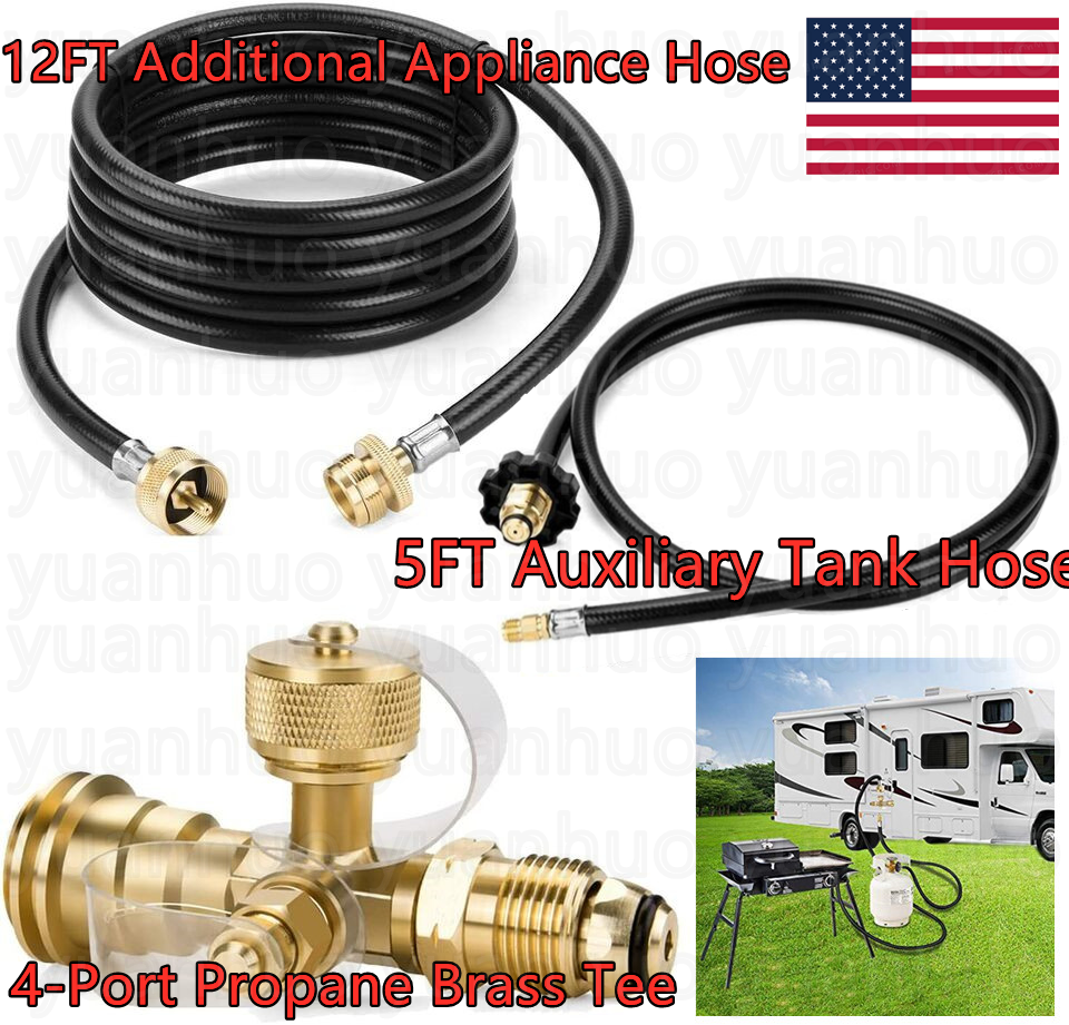 Propane Brass Tee Adapter Kit, 4-Port Propane Brass Tee with 5FT & 12FT Hose US