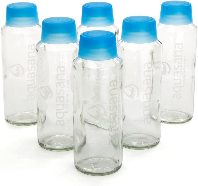 6 Pack Glass Water Bottles And BPA Free Lid Blue White NEW