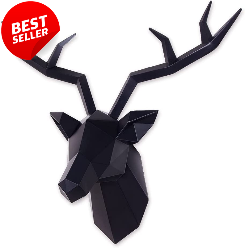 Geometric Deer Head Wall Decor Black Resin Faux Taxidermy Antlers 19x17in - US