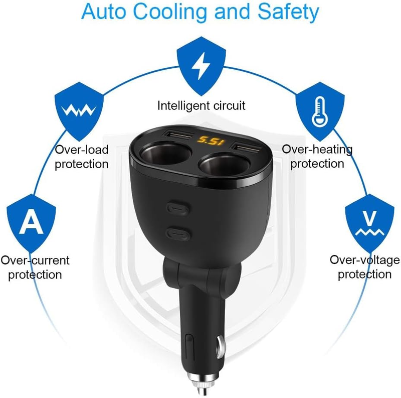 USB Car Charger Splitter Adapter, 2 Socket Cigarette Lighter Multi Power Outlet