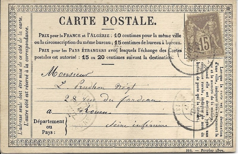 1875 - Carte Precurseur De 1873  (Cad Type 17) Sur Timbre NÂ°77