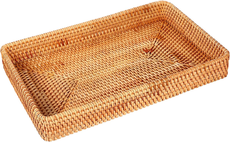 Wicker Storage Basket Rattan Tray Rectangular Wicker Basket Decorative Serving Tray Fruit Baskets Food Serving Holders Woven Baskets for Storage Home Kitchen Restaurant Decor