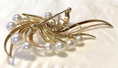 LARGE 14K Yellow Gold MIKIMOTO Akoya Pearl Shoulder Brooch 2-3/4” Pin 14.65g
