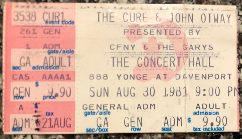 Vintage 1981 The Cure Concert Hall Toronto Canada Concert Ticket Stub 8/30/81