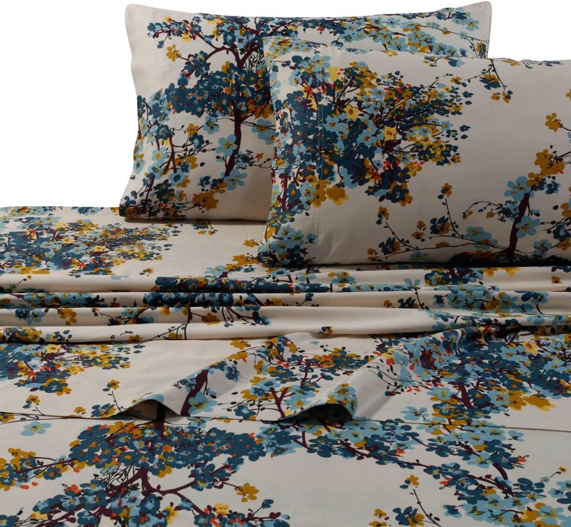 Queen Bed Sheet Set, 300 Thread Count Soft Cotton Sateen, Floral Print with Extra Deep Pockets, 4-Piece Bedding Set, Casablanca/Multicolor