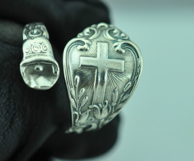 Solid 925 Sterling Silver Cross Bell Flower Floral Adjustable Spoon Ring
