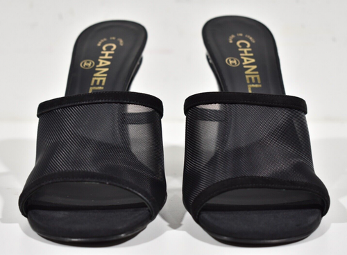 Pre-owned Chanel 22a Black Mesh Pearl Cc Logo Block Heel Backless Mule Sandal Pump 41