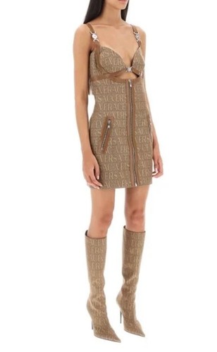 Pre-owned Versace Logo Print Cut Out Monogram Mini Dress Leather Trims It 40 Us 4 $3050 In Brown Tan