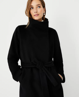 NEW ANN TAYLOR 248 BLACK BELTED WOOL BLEND FUNNEL NECK COAT SZ S