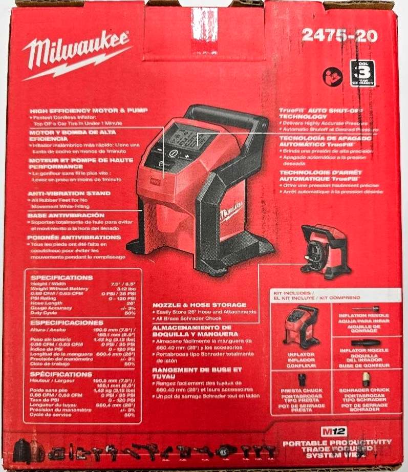 NEW N BOX Milwaukee M12 2475-20 Cordless Tire Inflator, 1 5.0 AH Battery 12 Volt