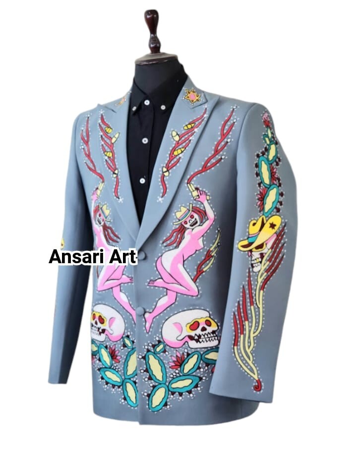Pre-owned Art Men 2pc Country Western Nudie Suit Floral Skeleton Embroidered Cocktail Wedding. In Blue
