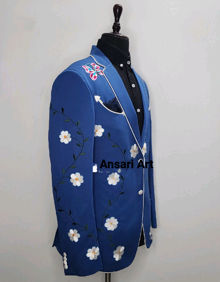 Pre-owned Art Man Blue 2pc Bespoke Handcrafted Country Western Suit Floral Embroidered Outfis