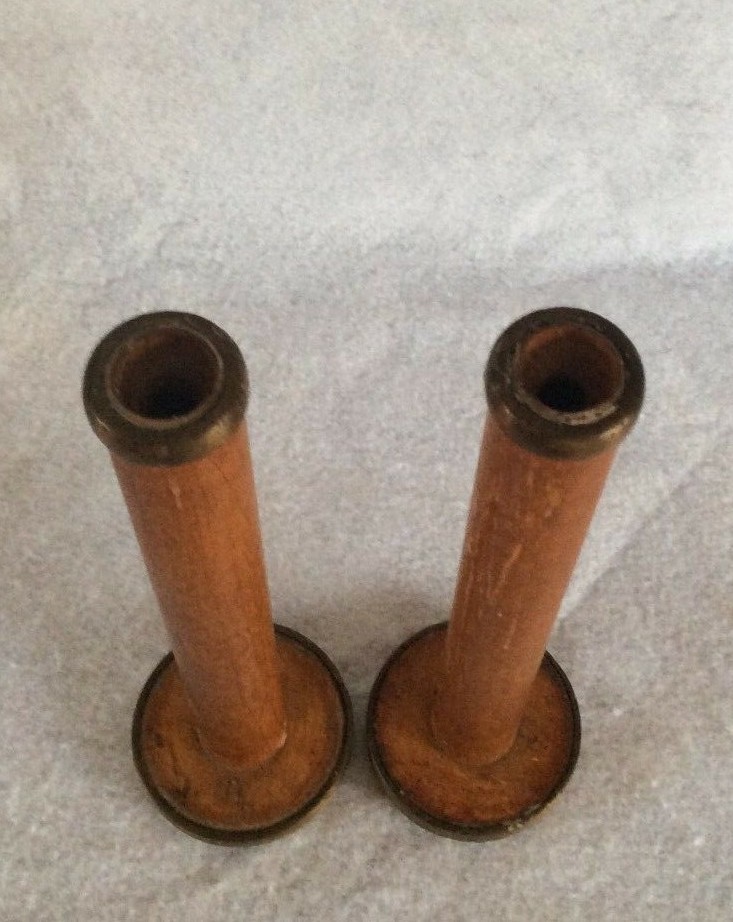 Vtg pair of yarn spool textile mill rustic wood and brass taper candle holders