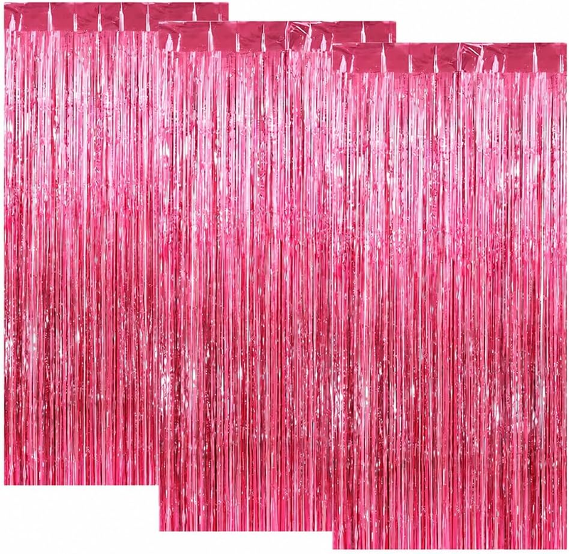 3 Pack Pink Fringe Foil Curtain Photo Backdrop Party Decor | Shiny Metallic Pink