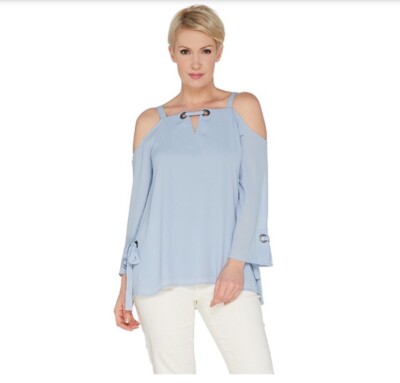 Laurie Felt Link Neck Cold Shoulder Blouse with Grommets Chambray Small A301672