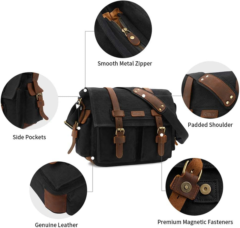 Leather Canvas Camera Bag Vintage DSLR SLR Messenger Shoulder Bag Black