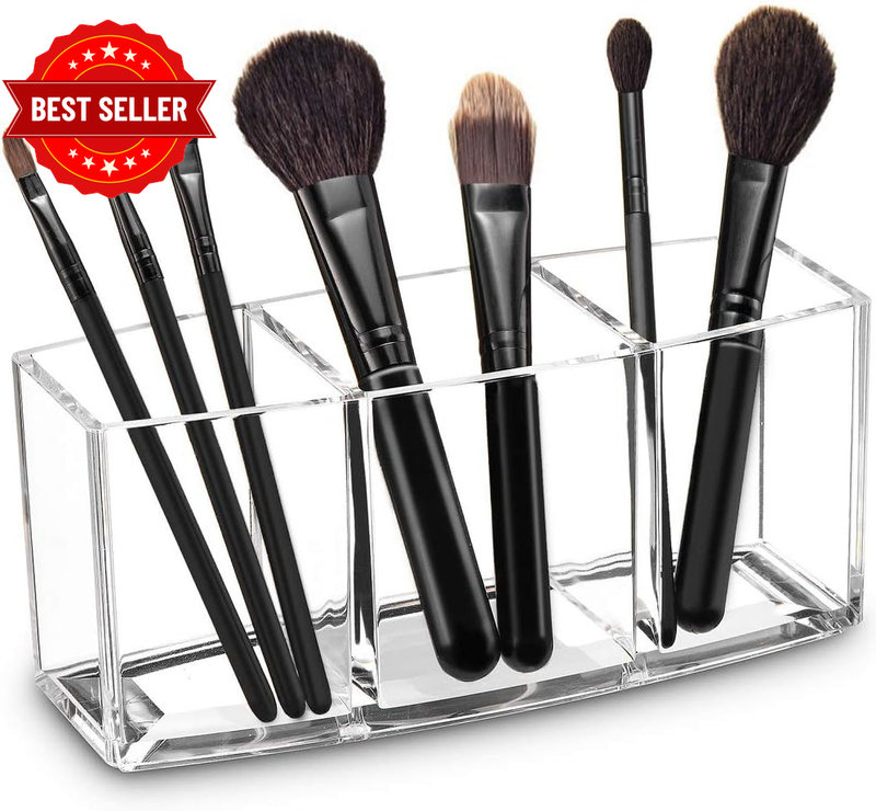 Acrylic Makeup Brush Organizer Holder Clear Cosmetic Brushes Storage with 3 Slot