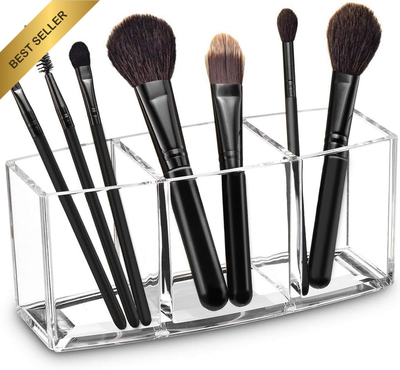 Acrylic Makeup Brush Organizer Holder Clear Cosmetic Brushes Storage with 3 Slot