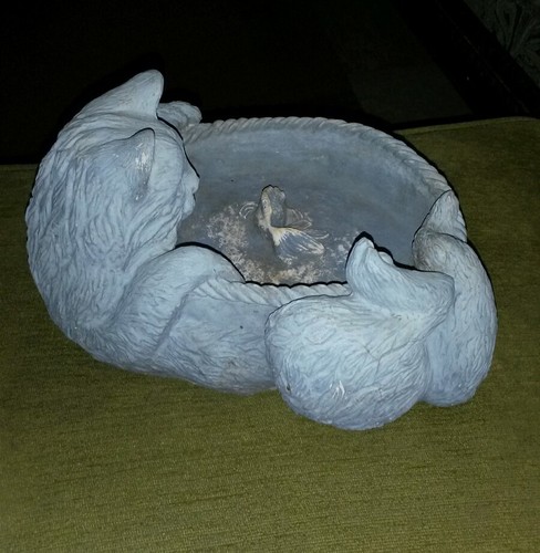 VINTAGE CERAMIC CAT STATUE KITTY KITTEN FOOD WATER BOWL GARDEN DECOR PORCH