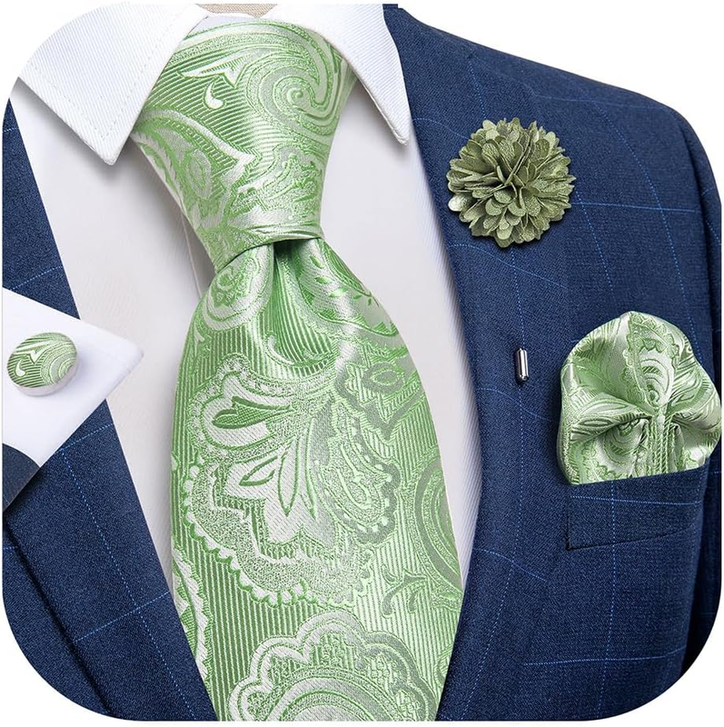 Silk Ties for Men Necktie and Lapel Pin Brooch Set Formal Woven Paisley Plaid St