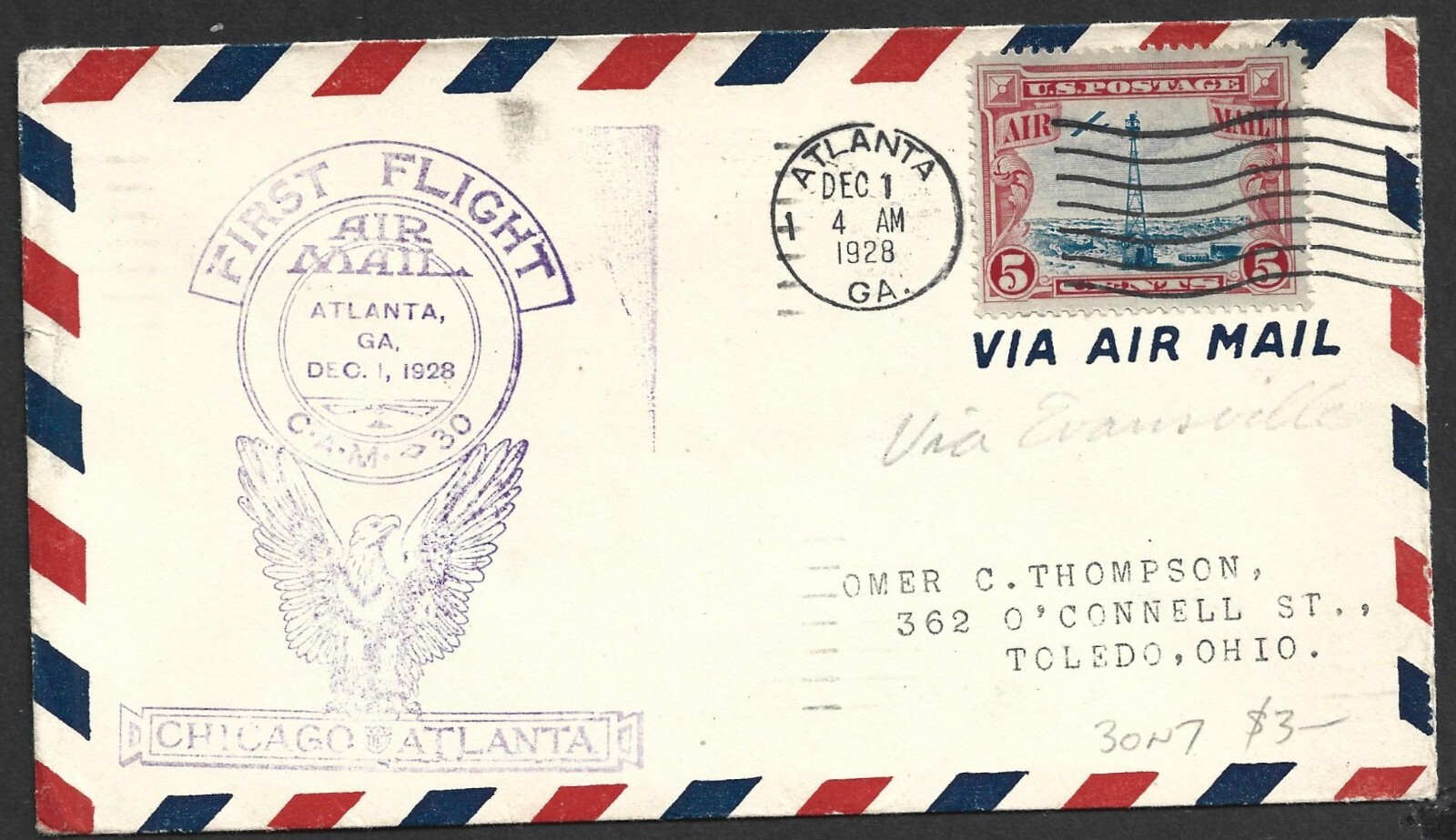 (BL) USA 1928 CAM 30 Chicago Atlanta, Atlanta GA First Flight Cover