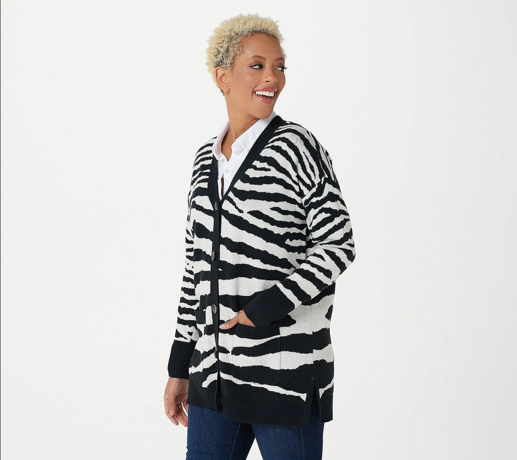 Isaac Mizrahi Live! Zebra Jacquard ButtonFront Cardigan Isaac Mizrahi Live! Zebra Jacquard ButtonFront Cardigan