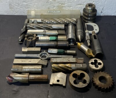 Lot of Machinist Lathe Tools HSS Taps Drills Carbide End Mills Metal CAT50 USED