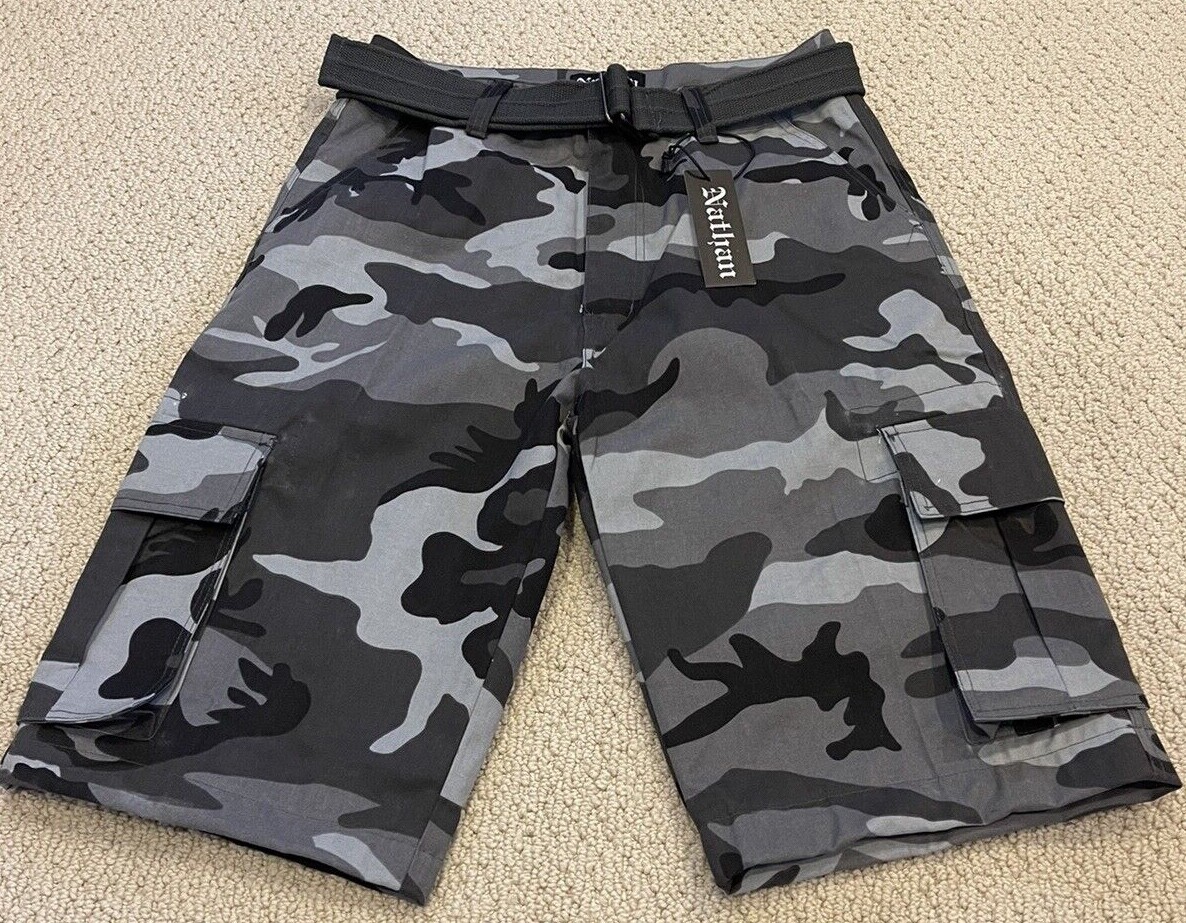 NWT Men's Nathan Grey Camouflage Camo Belted Cargo Pocket