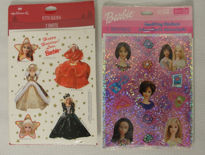 Vtg Lot of 2 Barbie Stickers Hallmark Heartline 95 Y2K Holiday Barbie Sparkling