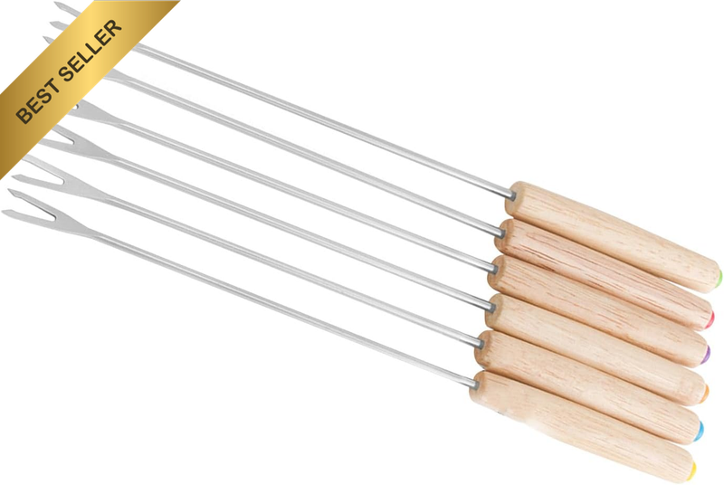6 Stainless Steel Fondue Forks Heat-Resistant Wooden Handle Reusable for Chocola