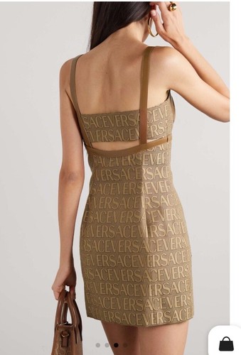 Pre-owned Versace Logo Print Cut Out Monogram Mini Dress Leather Trims It 40 Us 4 $3050 In Brown Tan
